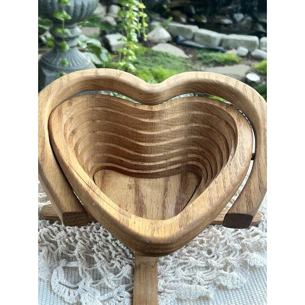 Vintage Handmade Heart Shaped Wooden Collapsible Basket With Handle Or Trivet